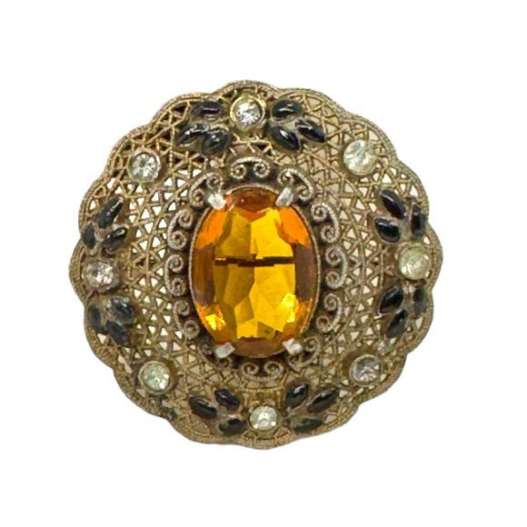 Vintage Jewelry - Vintage Czech Topaz Clear Paste & Enamel Filigree Brooch